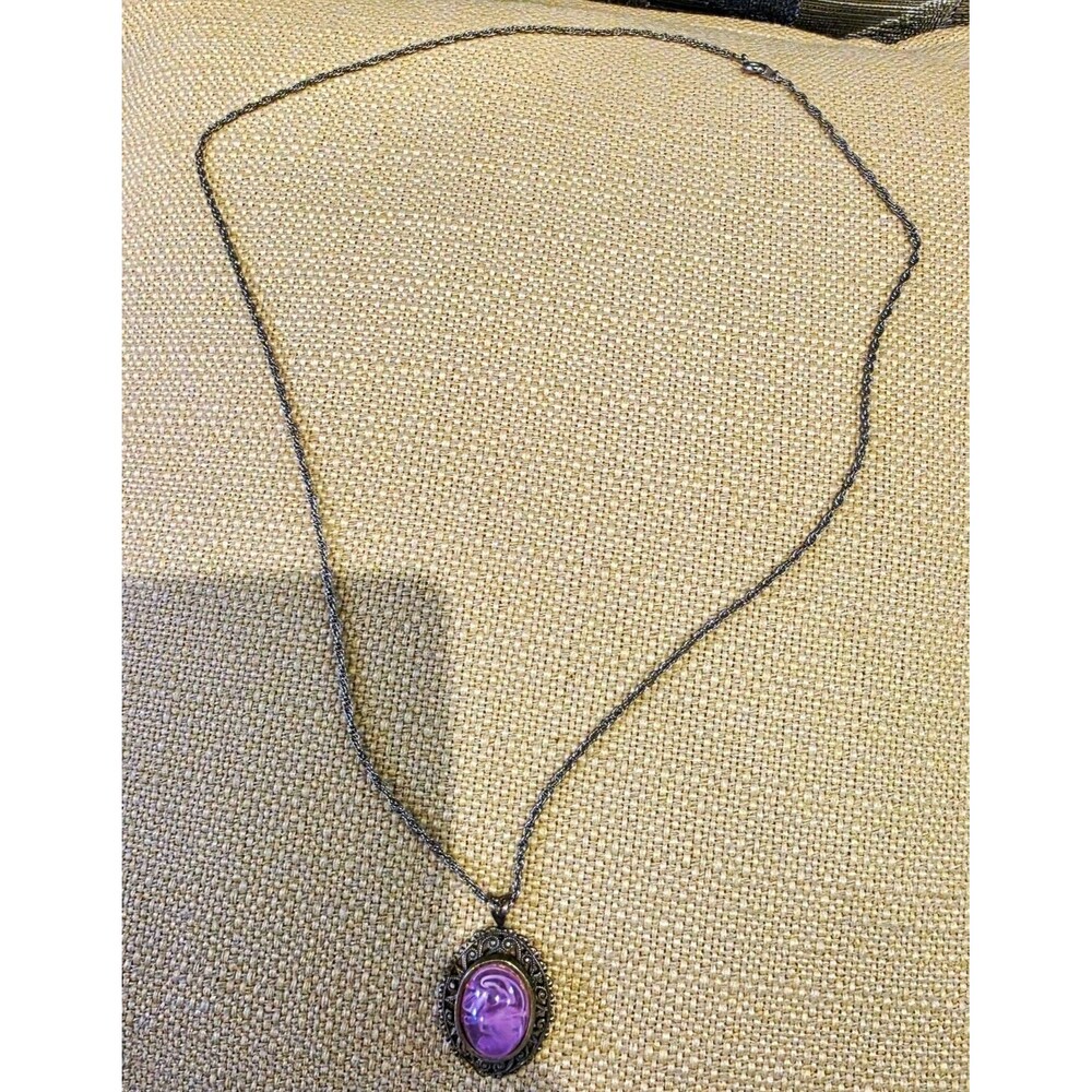 Silver Tone Rope Chain 18" Necklace Oval Purple Cabochon Bezel Openwork Pendant